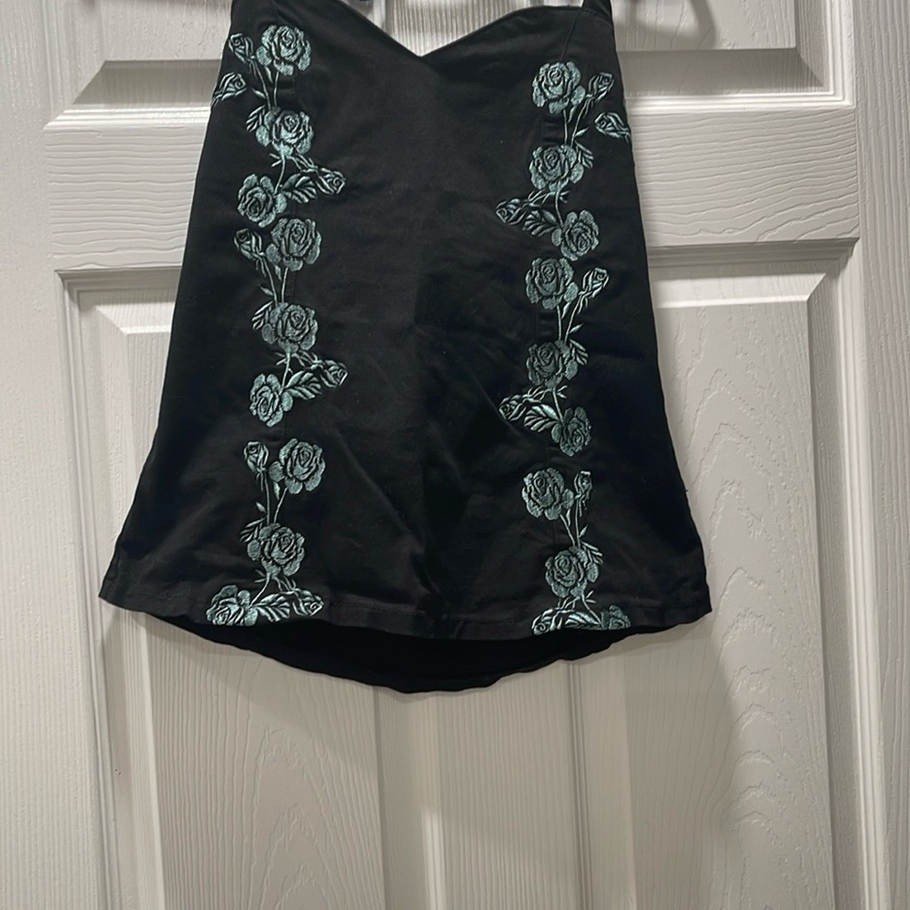 Queen Kerosin Black Retro Halter top with Turquoise Embroidery